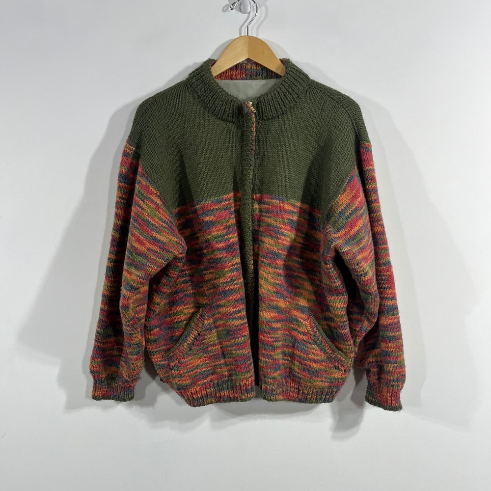 Vintage Folk Granola Chunky Knit Cardigan Sweater Olive Green Fairy Grunge Boho